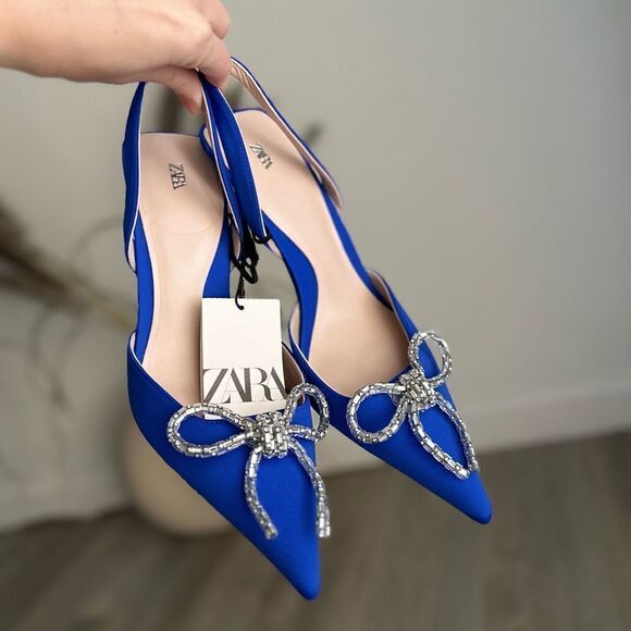 ZARA EMBELLISHED BOW HEELED SLINGBACKS - Picture 1 of 12